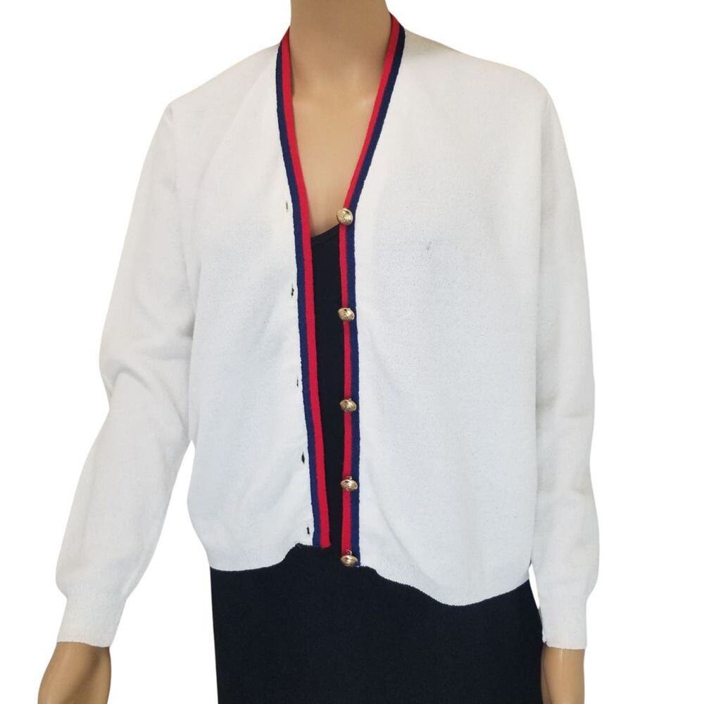 VINTAGE 50s Cardigan Gold Button White Red Blue Trimmed Long Sleeves Ribbed Cuff